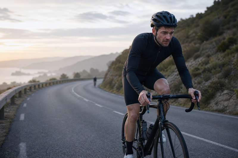 A realistic photo of a cyclist pushing hard on a climb, face showing exertion, to illustrate the concept of Rating of Perceived Exertion (RPE)