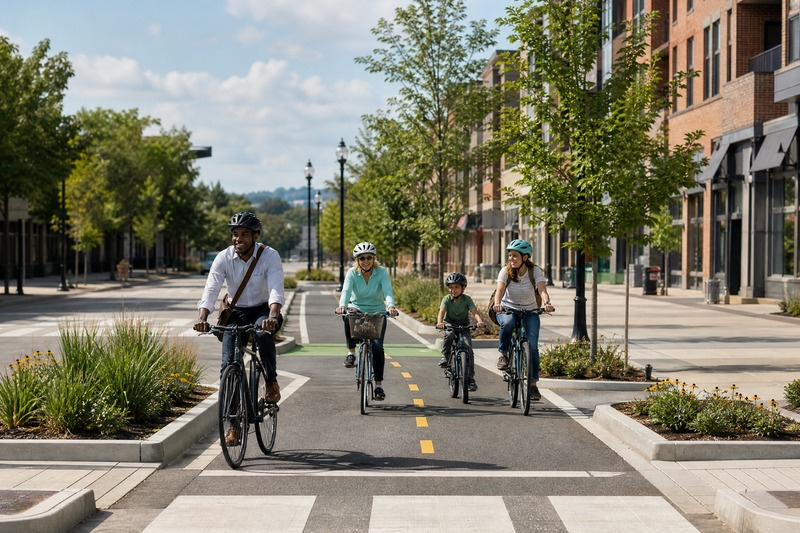 family cycling down bike path
